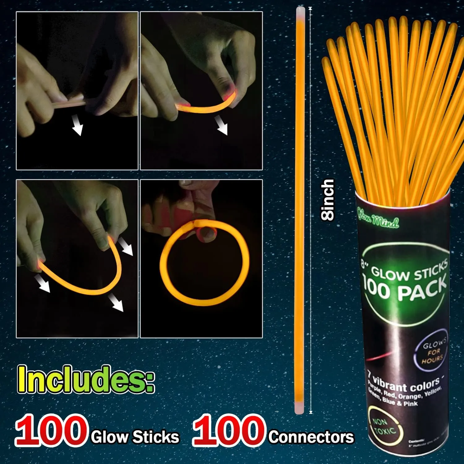 100 Orange Glow Sticks Bracelet Necklaces Glow In The Dark Party Supplies 8 Light Up Stick with 100 Connectors Bright Color for Halloween Birthday Carnival
