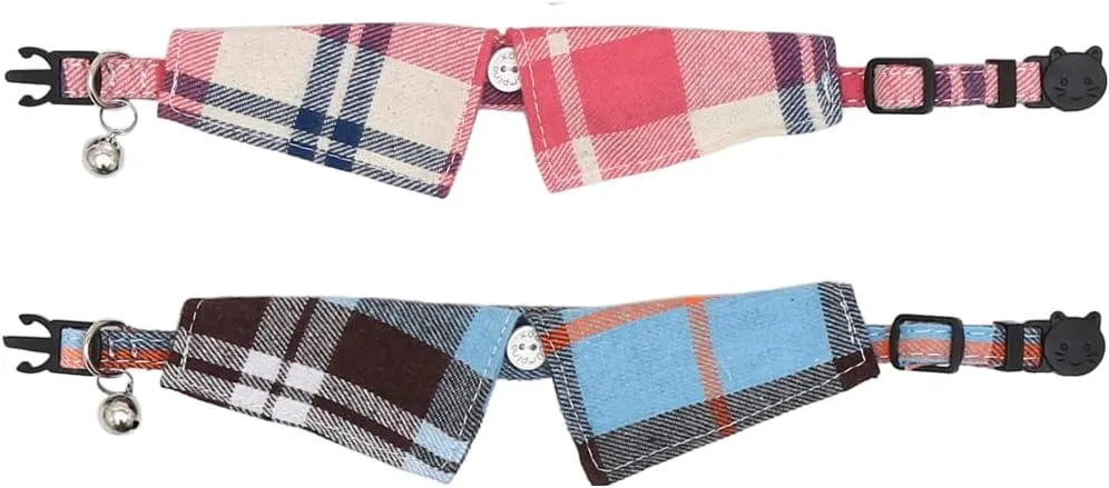 2 Pack/Set Cat Collar Breakaway with Cute Bow Tie and Bell Plaid for Kitty Adjustable Safety