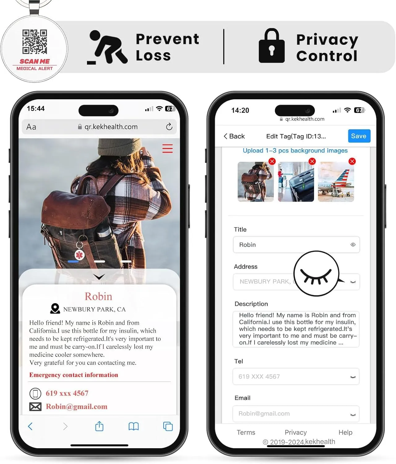 2PCS QR Medical Alert ID Tag Life Alert Keychain Epipen Alert Pendant,Medic Alert ID for Women,QR Online Profile for Medical Conditions, Allergies, medications, Emergency Contacts