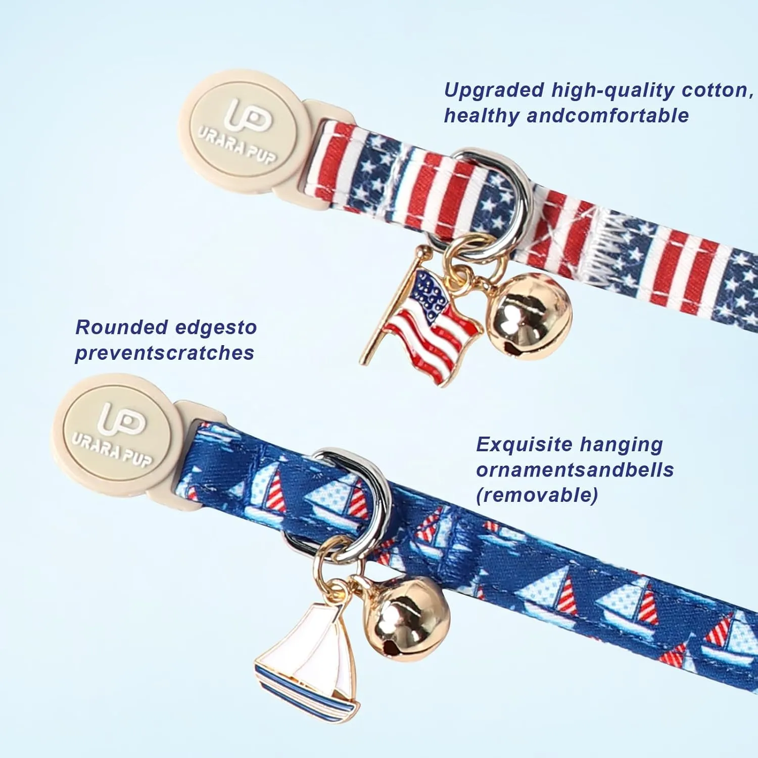 4th 0f July Cat Collar,2Pack Patriotic Day Kitten Collars Cute Flag Breakaway Kitty Collars,Summer Baseball Blue Cat Collar with Bell, for Girl & Boy Cats