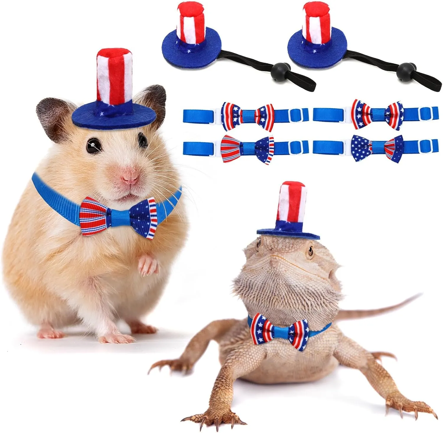 6 Pcs Pet Independence Day Costume, July 4th American Flag Hat and Tie for Hamsters Lizards Parrots and Other Similar Small Pet Costumes