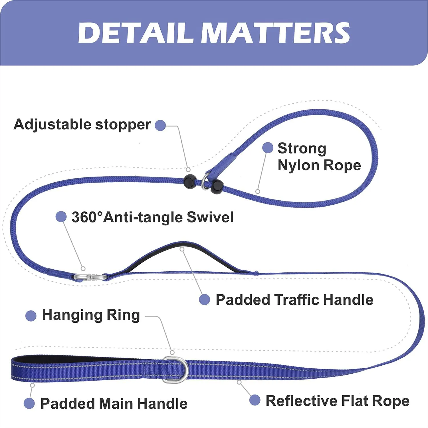 6FT Slip Lead Dog Leash with Double Padded Handle, Anti-Tangle Slip Leads for Dogs, Reflective Nylon No-Pull Training Leash for Small Medium Dogs, Navy Blue