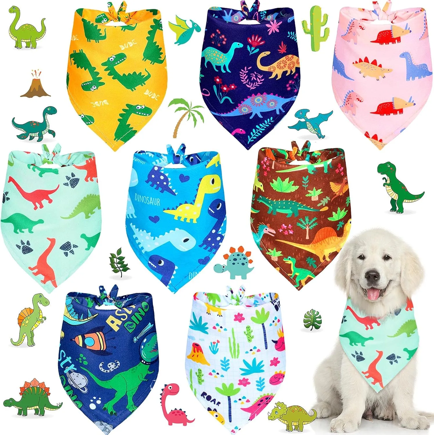 8 Pieces Summer Boy Dog Bandanas Dinosaur Triangle Bid Scarf for Dogs Pet Cute Colorful Adjustable Bandana Accessories for Small Medium Pet Puppy Cats
