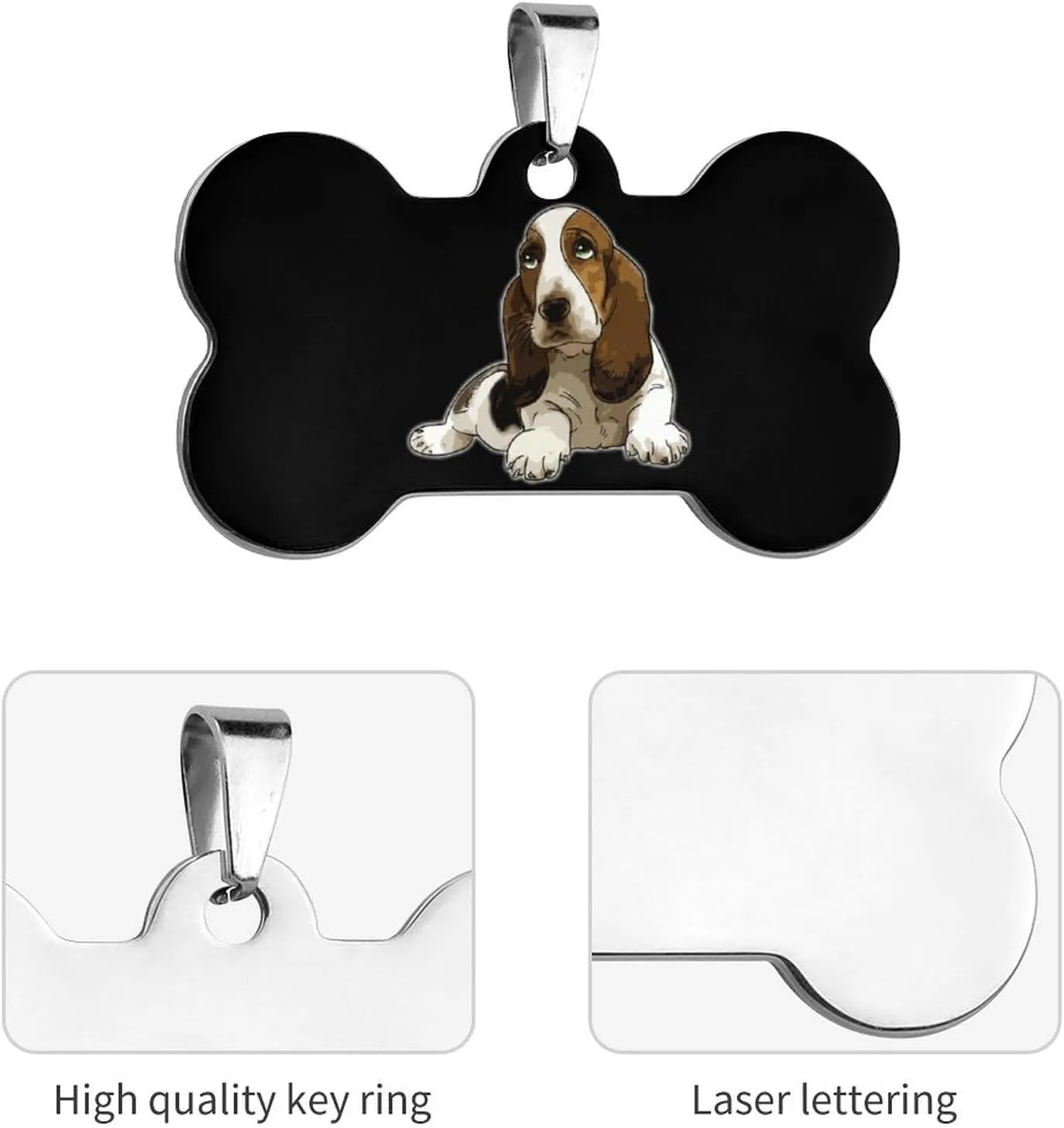 Basset Hound Pet ID Tags Personalized Stainless Steel Dog and Cat Tags Cute Collar Tag Bone Shape