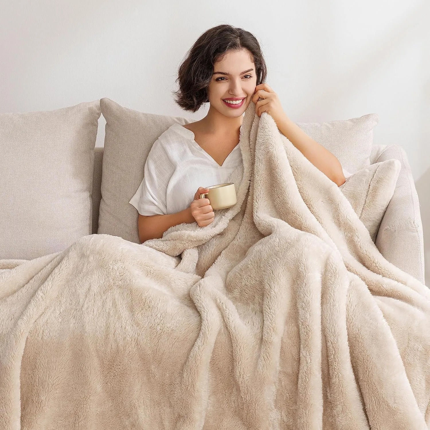 Berkshire Blanket Classic Extra-Fluffy Plush Throw Blanket, Soft Fuzzy Fluffy Long Hair Throw Blanket for Couch Sofa Bed, Chino Khaki, 50x60 Inches