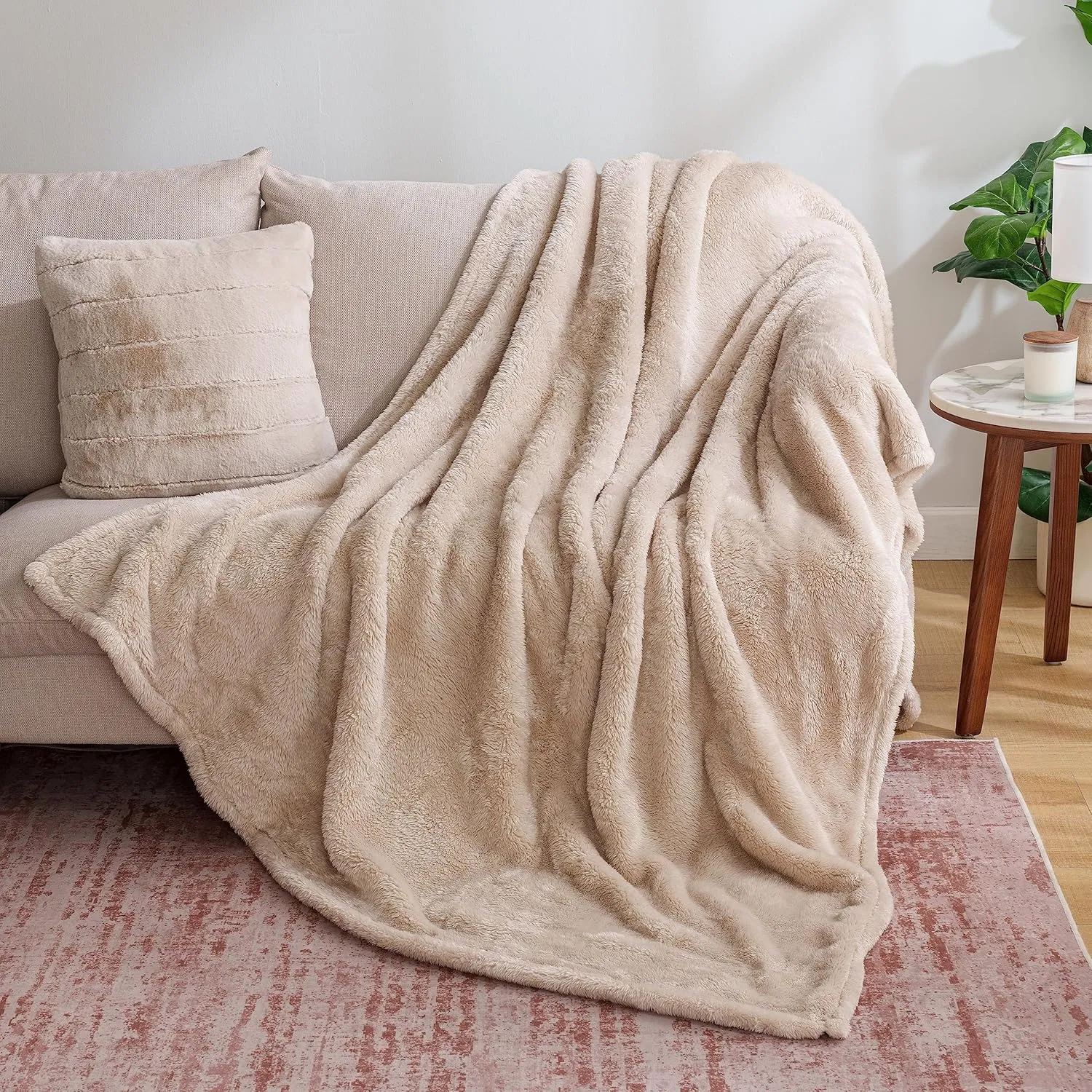Berkshire Blanket Classic Extra-Fluffy Plush Throw Blanket, Soft Fuzzy Fluffy Long Hair Throw Blanket for Couch Sofa Bed, Chino Khaki, 50x60 Inches