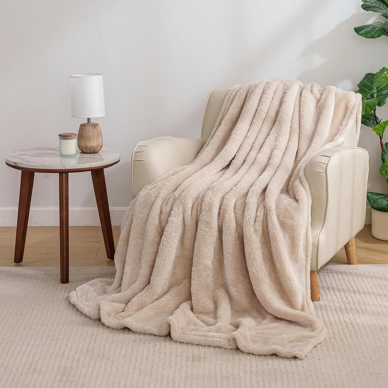 Berkshire Blanket Classic Extra-Fluffy Plush Throw Blanket, Soft Fuzzy Fluffy Long Hair Throw Blanket for Couch Sofa Bed, Chino Khaki, 50x60 Inches