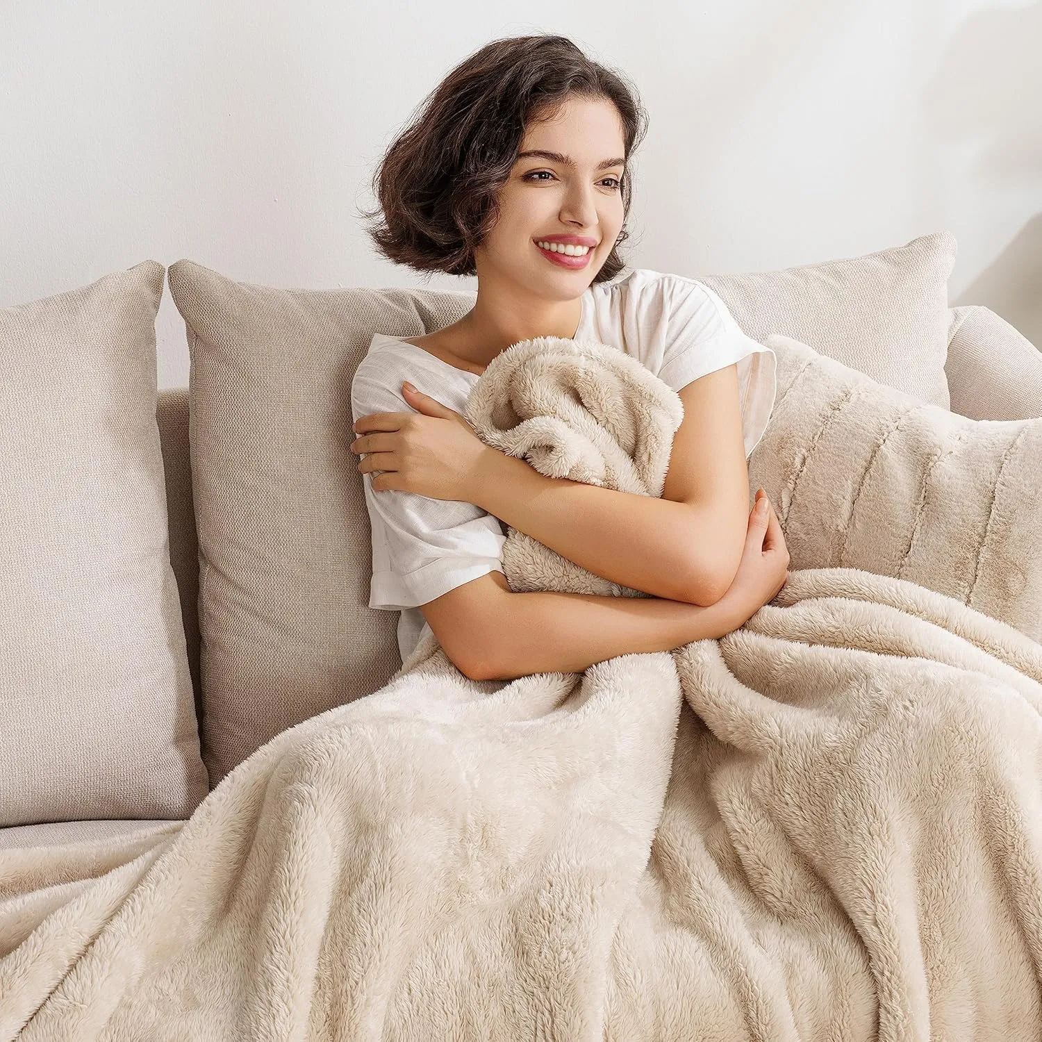 Berkshire Blanket Classic Extra-Fluffy Plush Throw Blanket, Soft Fuzzy Fluffy Long Hair Throw Blanket for Couch Sofa Bed, Chino Khaki, 50x60 Inches