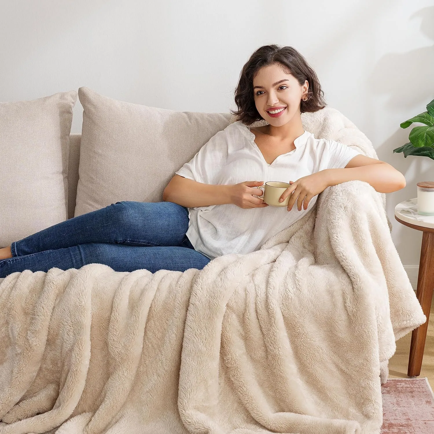 Berkshire Blanket Classic Extra-Fluffy Plush Throw Blanket, Soft Fuzzy Fluffy Long Hair Throw Blanket for Couch Sofa Bed, Chino Khaki, 50x60 Inches