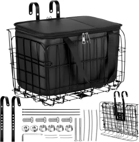 Bike Basket Front Rear 13.2 x 7.9 x 8.7 Inches Folding Bicycle Basket with Removable Liner Bag Large Quick Release Bicycle Front Rack Hanging Cargo Storage Basket for Ebike Accessories
