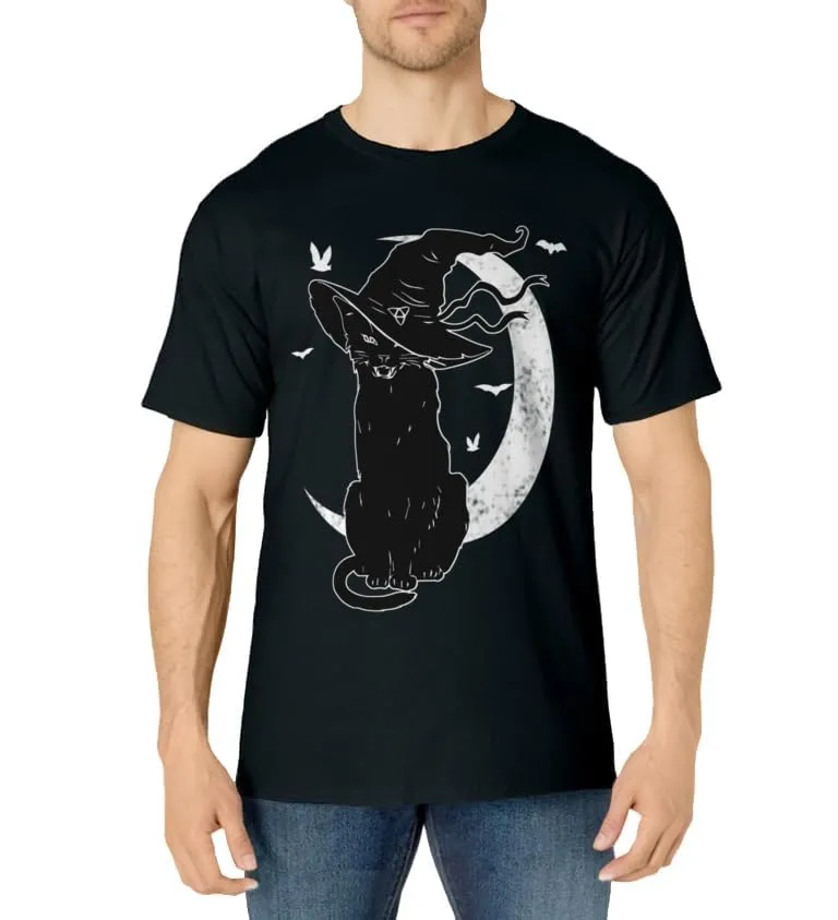 Black Cat Halloween Costume Scary Witch Hat Moon Cat Lover T-Shirt