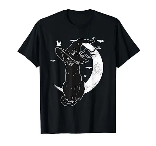Black Cat Halloween Costume Scary Witch Hat Moon Cat Lover T-Shirt