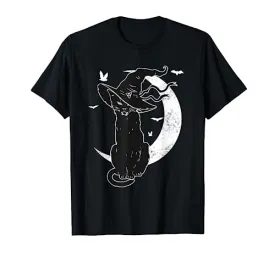 Black Cat Halloween Costume Scary Witch Hat Moon Cat Lover T-Shirt