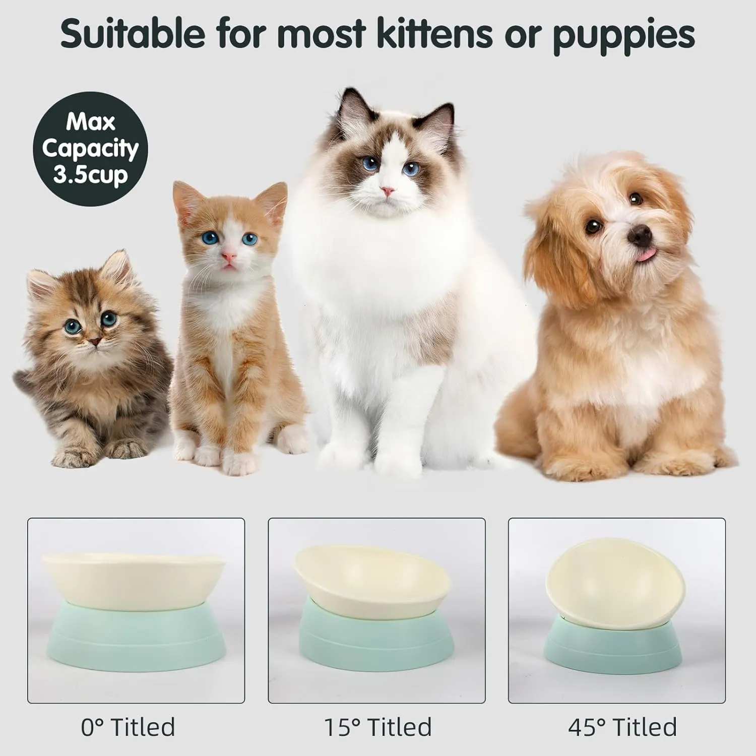 Bulldog Bowl Anti-Slip Dog Cat Dish Detachable Rubber Dog Bowl Pet Sterile Tilted Pet Feeder Slope Base (Green, 3.5 Cup (Medium/Large Dog))