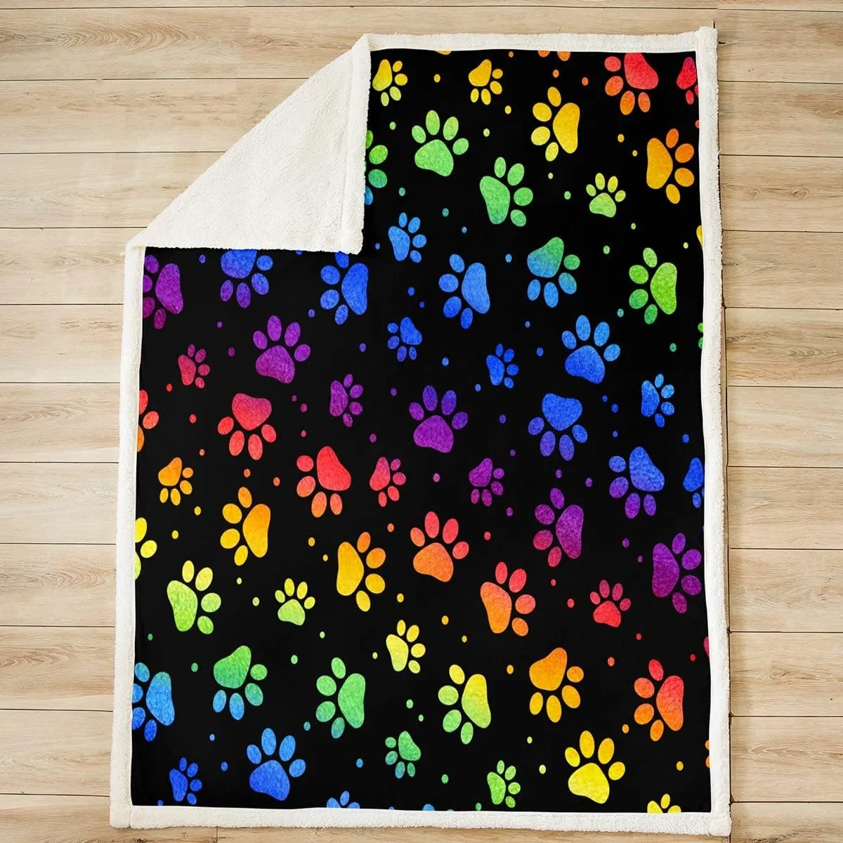 Castle Fairy Dog Paw Print Fleece Blanket,Rainbow Gradient Puppy Paw for Dog Lover Throw Blanket for Adult Man,Funny Pets Animal Lightweight Polyester Sherpa Blanket for Sofa, Queen (90 x 90 Inch)