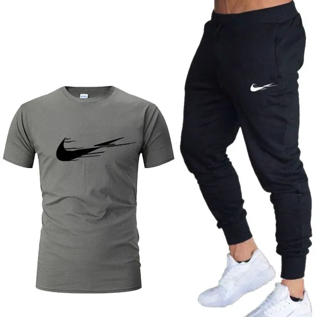 Casual tracksuit summer print suits sportwear men jogging fitness set clothing 2020 Men's sets t shirts   pants two pieces sets
