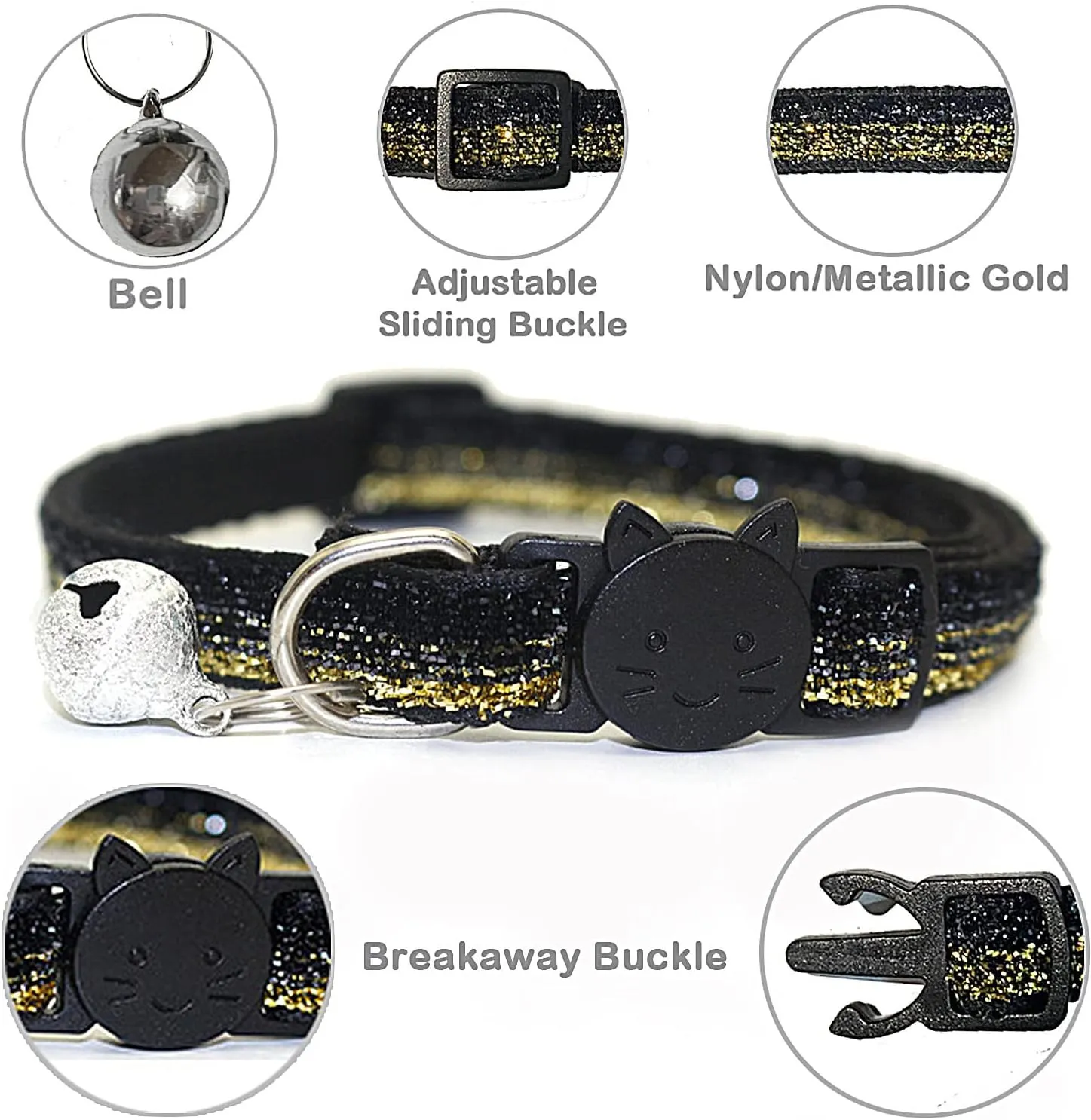 Cat Collars,Breakaway Cat Collars with Bells,Adjustable Reflective Cute Cat Collars,2-Pack Girl Boy Pet Kitten Collar Adjustable 7-12in Pet Supplies (Black)