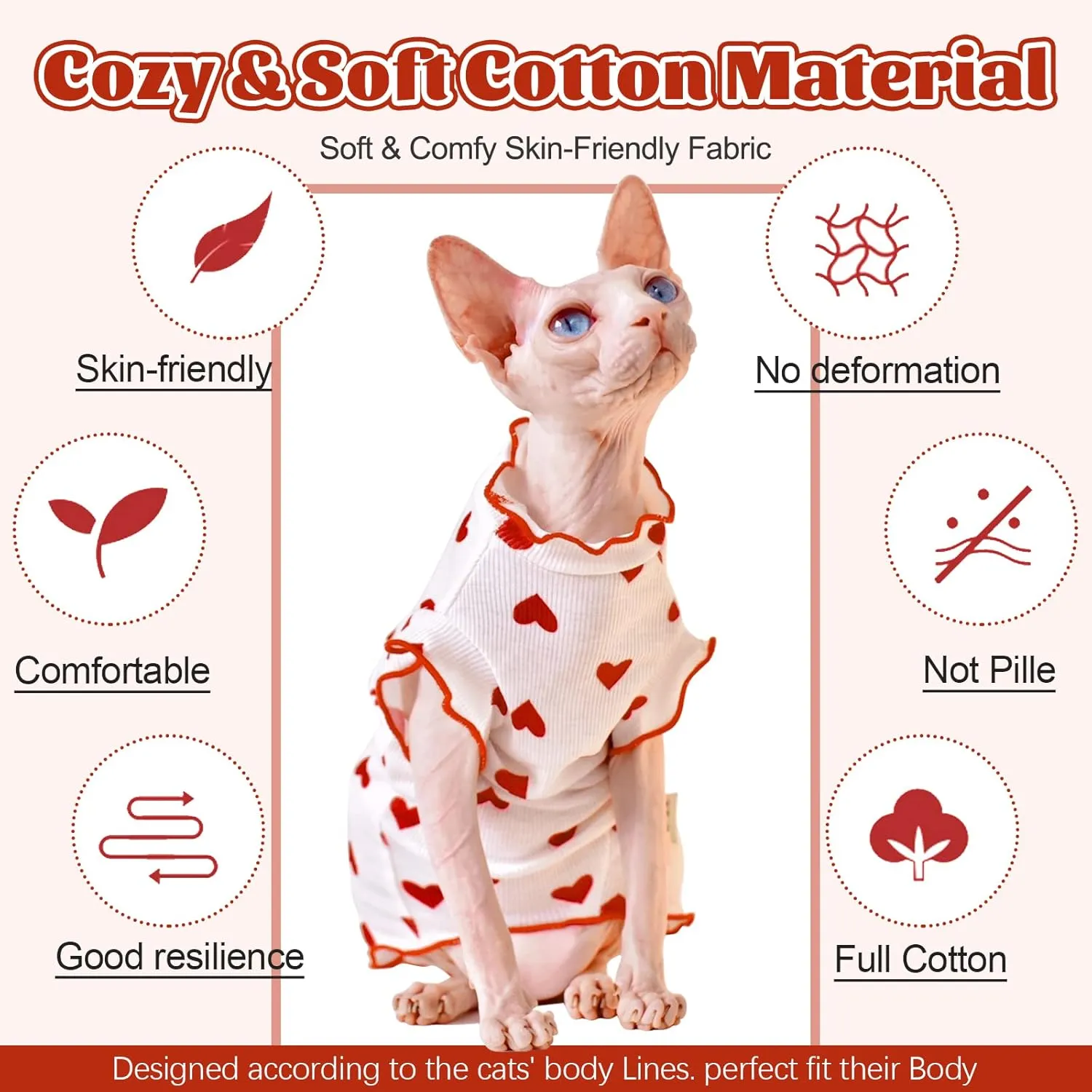 DENTRUN Heart Pattern Sphynx Hairless Cats Shirt, Kitten T-Shirts with Perlin Sleeves, Breathable Cat Wear Cute Sweater Adorable Hairless Cat's Clothes Vest Pajamas Jumpsuit