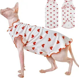 DENTRUN Heart Pattern Sphynx Hairless Cats Shirt, Kitten T-Shirts with Perlin Sleeves, Breathable Cat Wear Cute Sweater Adorable Hairless Cat's Clothes Vest Pajamas Jumpsuit