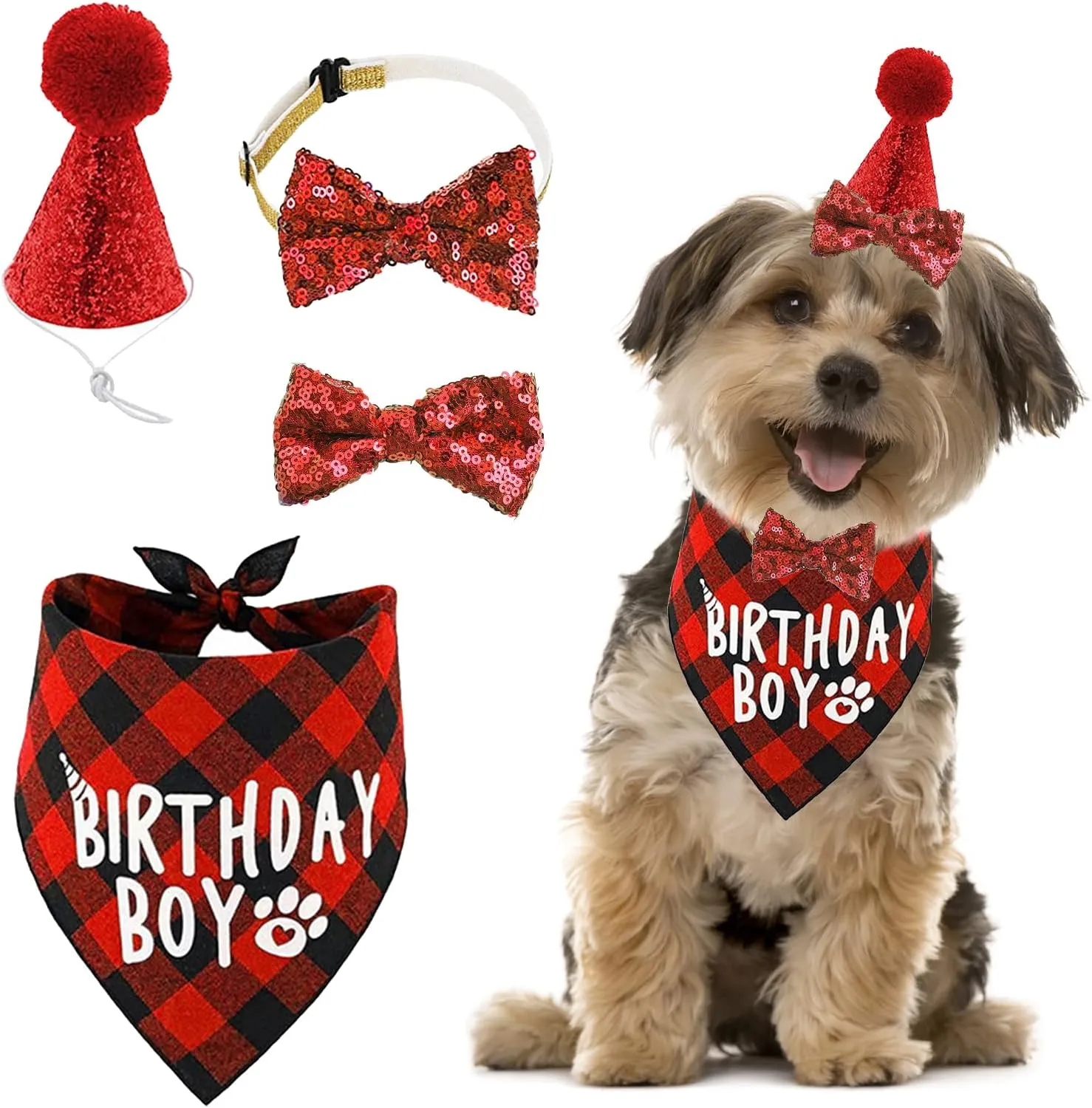 Dog Birthday Bandana Hat Bowtie Hairpin Set, 1 Set Red Classic Plaid Birthday Decor Pets Triangle Scarfs Hat Tie and Hairpin for Pet Puppy Cat