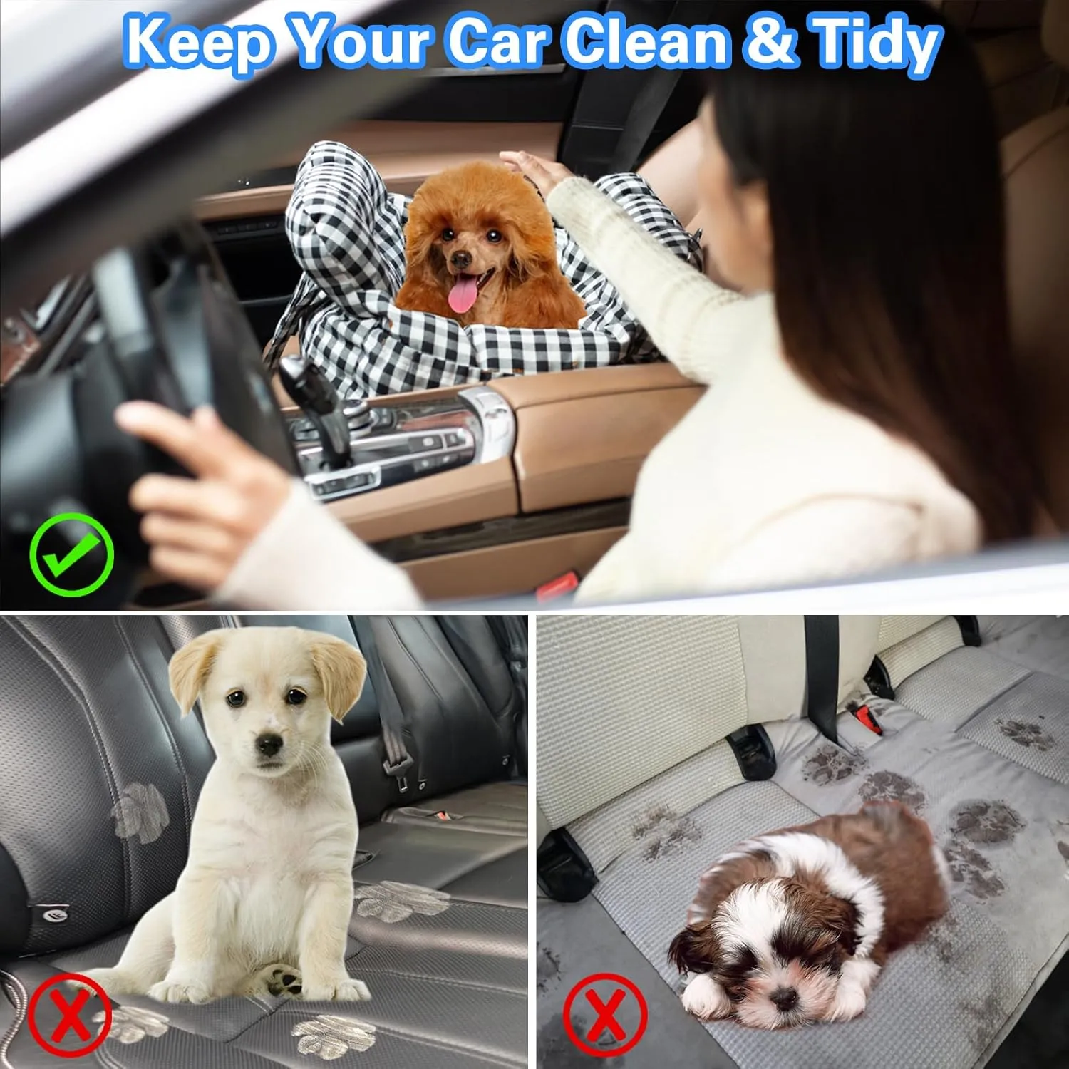 Dog Car Seat for Small Dogs, Portable Puppy Car Seat of Easy Installation, Fashionable Pet Carrier Bag with Large Pockets, Machine Washable Dog Booster Seat (Striped Khaki)