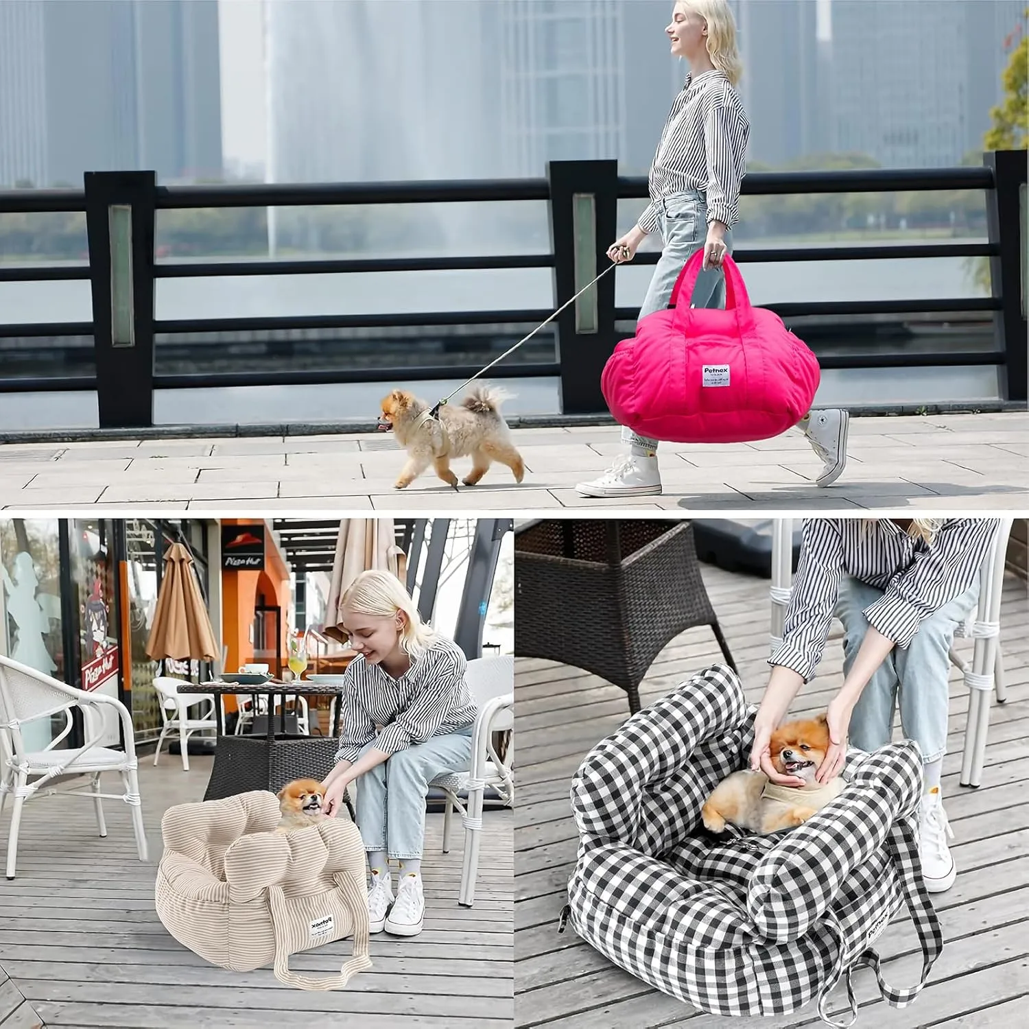 Dog Car Seat for Small Dogs, Portable Puppy Car Seat of Easy Installation, Fashionable Pet Carrier Bag with Large Pockets, Machine Washable Dog Booster Seat (Striped Khaki)