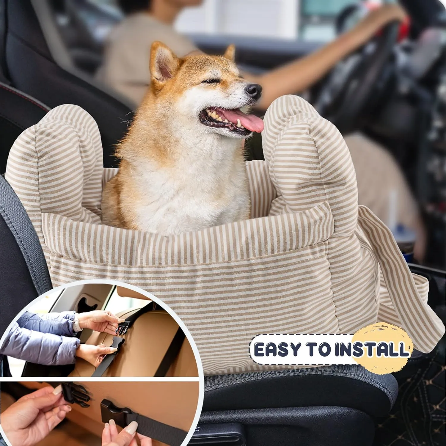 Dog Car Seat for Small Dogs, Portable Puppy Car Seat of Easy Installation, Fashionable Pet Carrier Bag with Large Pockets, Machine Washable Dog Booster Seat (Striped Khaki)