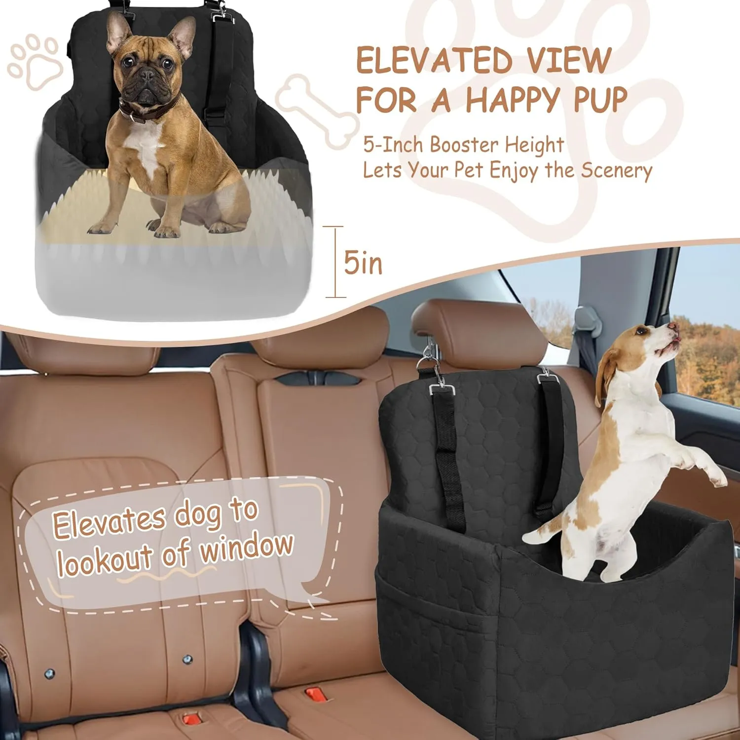 Dog Car Seat for Small/Medium Dogs - Dog Booster Seat with Safety Straps & Non-Slip Base, Travel Pet Car Seat with Storage Pockets, Washable & Removable, Suitable for Dogs Under 35 lbs (Black)