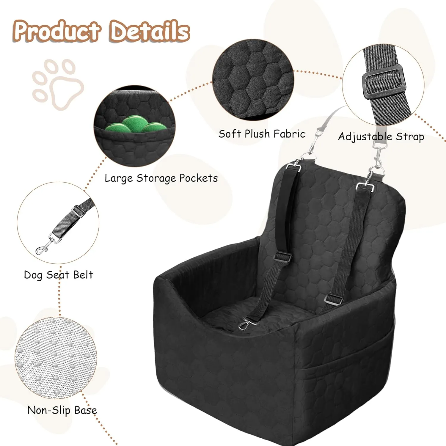 Dog Car Seat for Small/Medium Dogs - Dog Booster Seat with Safety Straps & Non-Slip Base, Travel Pet Car Seat with Storage Pockets, Washable & Removable, Suitable for Dogs Under 35 lbs (Black)