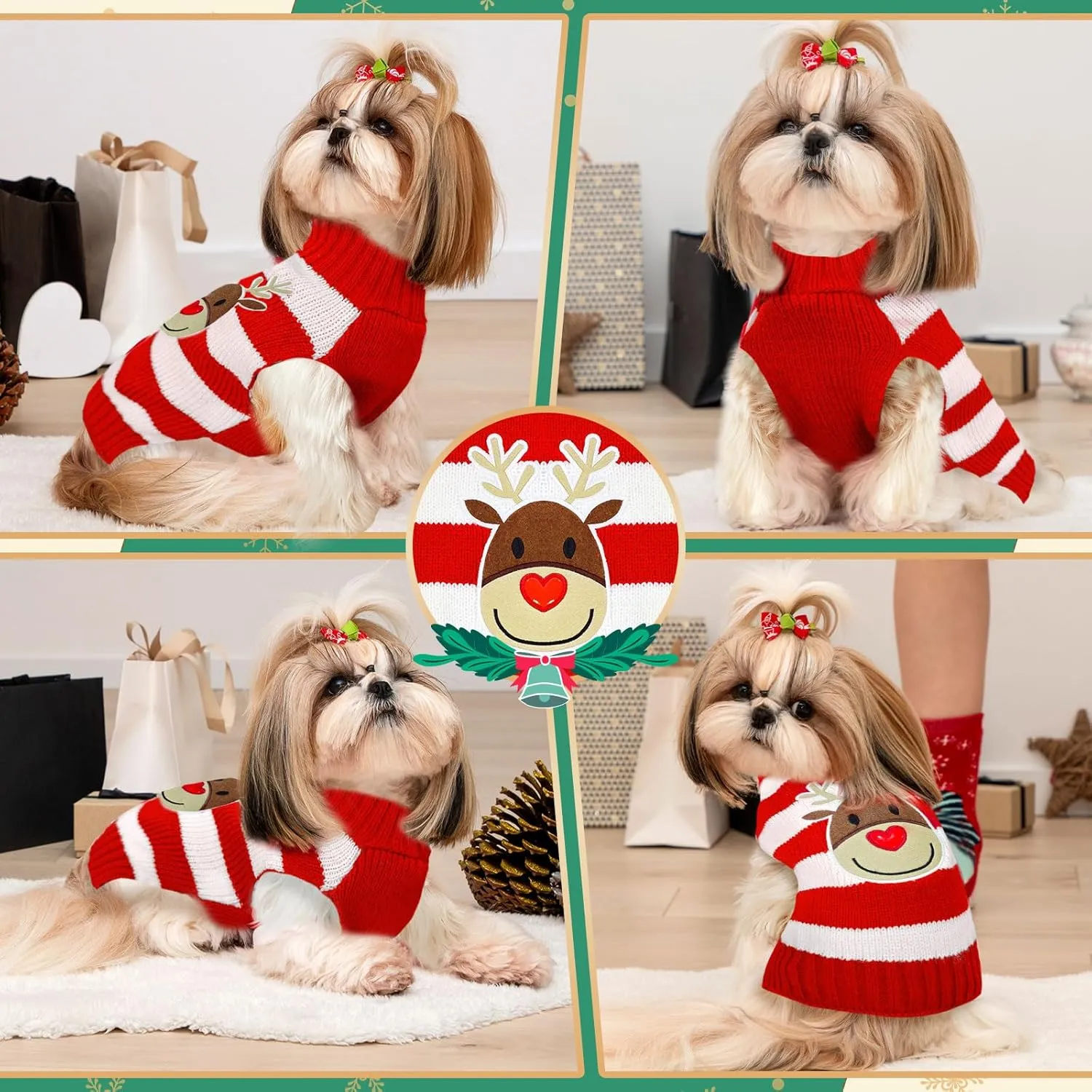 Dog Christmas Sweater Cute Striped Reindeer Xmas Dog Cat Outfit New Year Holiday Costumes Puppy Cat Sweater with Leash Hole for Small Medium Large Dogs Girl Boy Turtleneck Winter Pet Clothes
