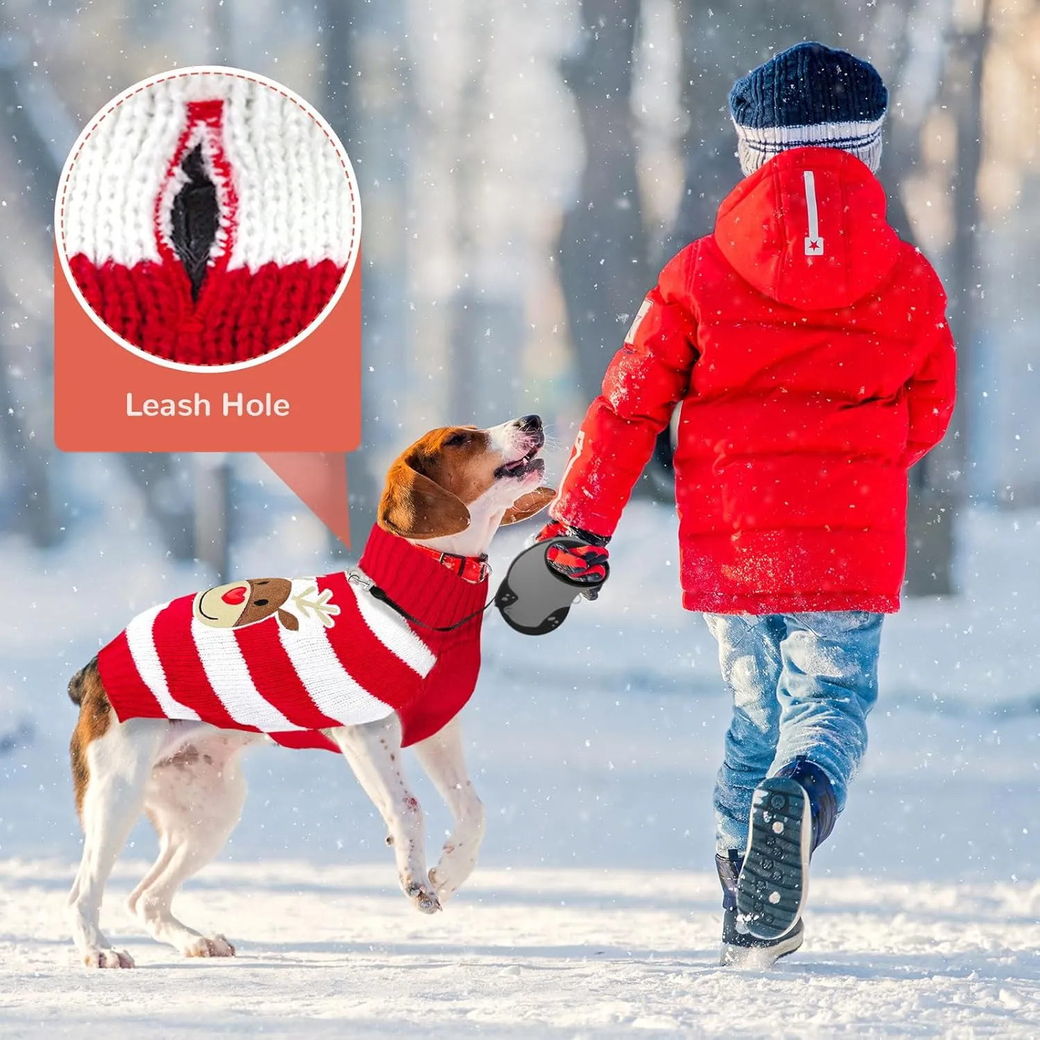 Dog Christmas Sweater Cute Striped Reindeer Xmas Dog Cat Outfit New Year Holiday Costumes Puppy Cat Sweater with Leash Hole for Small Medium Large Dogs Girl Boy Turtleneck Winter Pet Clothes