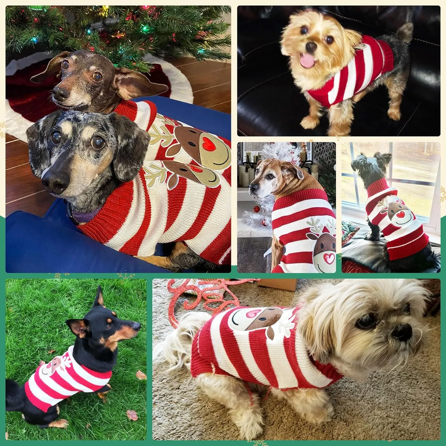 Dog Christmas Sweater Cute Striped Reindeer Xmas Dog Cat Outfit New Year Holiday Costumes Puppy Cat Sweater with Leash Hole for Small Medium Large Dogs Girl Boy Turtleneck Winter Pet Clothes