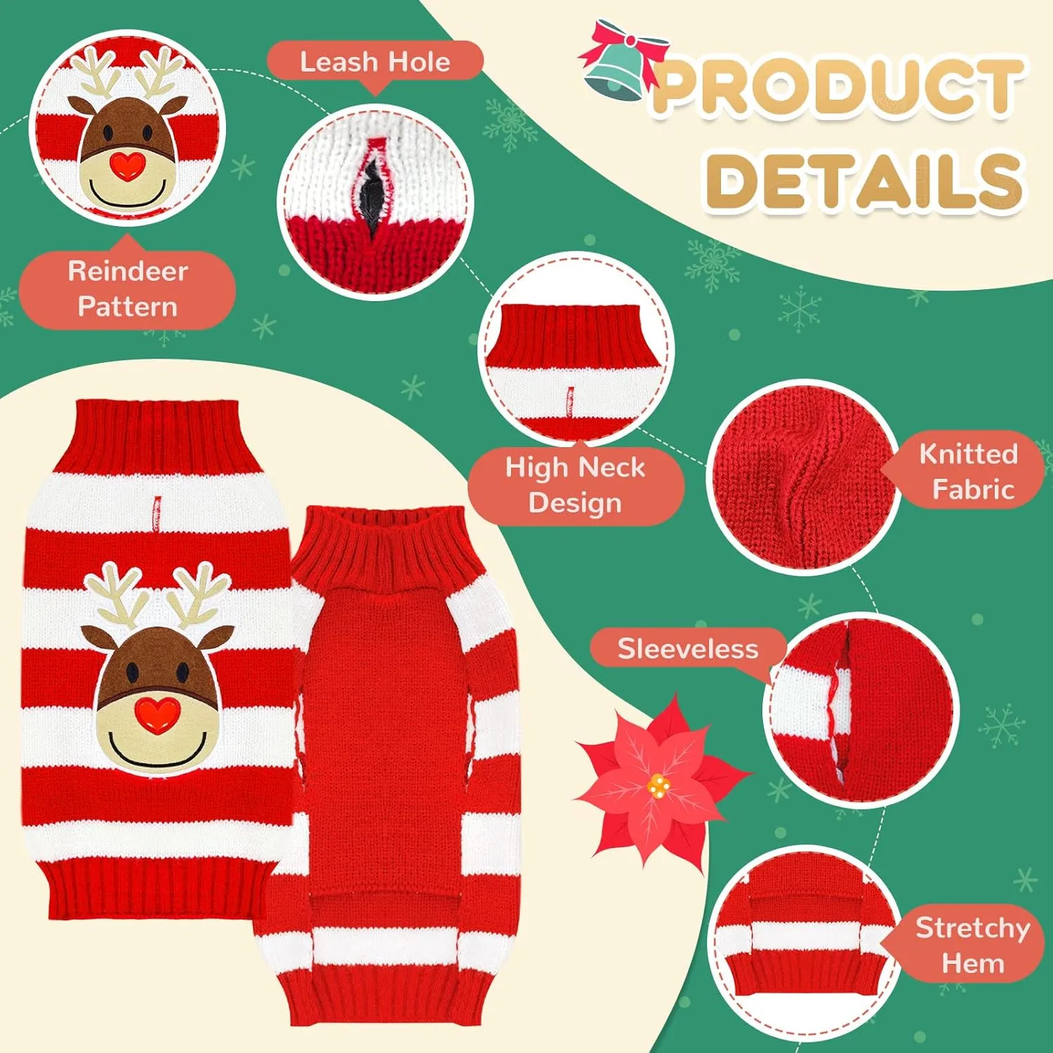 Dog Christmas Sweater Cute Striped Reindeer Xmas Dog Cat Outfit New Year Holiday Costumes Puppy Cat Sweater with Leash Hole for Small Medium Large Dogs Girl Boy Turtleneck Winter Pet Clothes