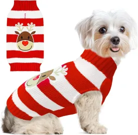 Dog Christmas Sweater Cute Striped Reindeer Xmas Dog Cat Outfit New Year Holiday Costumes Puppy Cat Sweater with Leash Hole for Small Medium Large Dogs Girl Boy Turtleneck Winter Pet Clothes