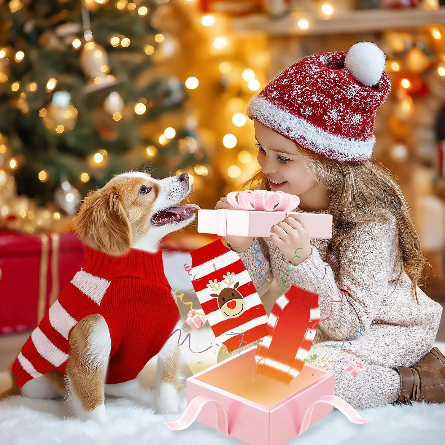 Dog Christmas Sweater Cute Striped Reindeer Xmas Dog Cat Outfit New Year Holiday Costumes Puppy Cat Sweater with Leash Hole for Small Medium Large Dogs Girl Boy Turtleneck Winter Pet Clothes