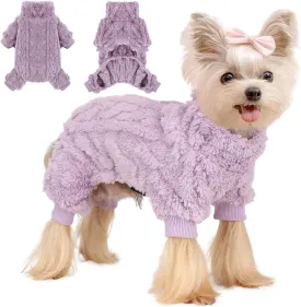 Dog Fleece Sweater, Winter Warm Small Dog Clothes for Girls Boy, Pet Stretchy Jumpsuit Pajamas, Turtleneck Puppy Sweaters with 4 Legged(Purple, S)