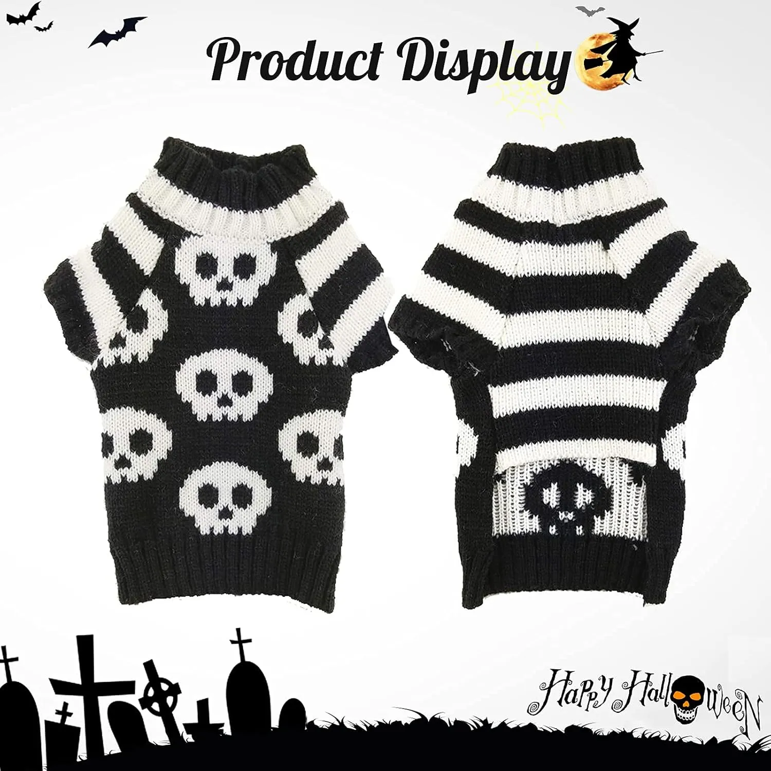 Dog Halloween Sweater Pet Halloween Skull Costumes Cute Cat Outfit XSmall Puppy Clothes Knit Dog Sweater for Small Medium Dogs Girl Boy XS