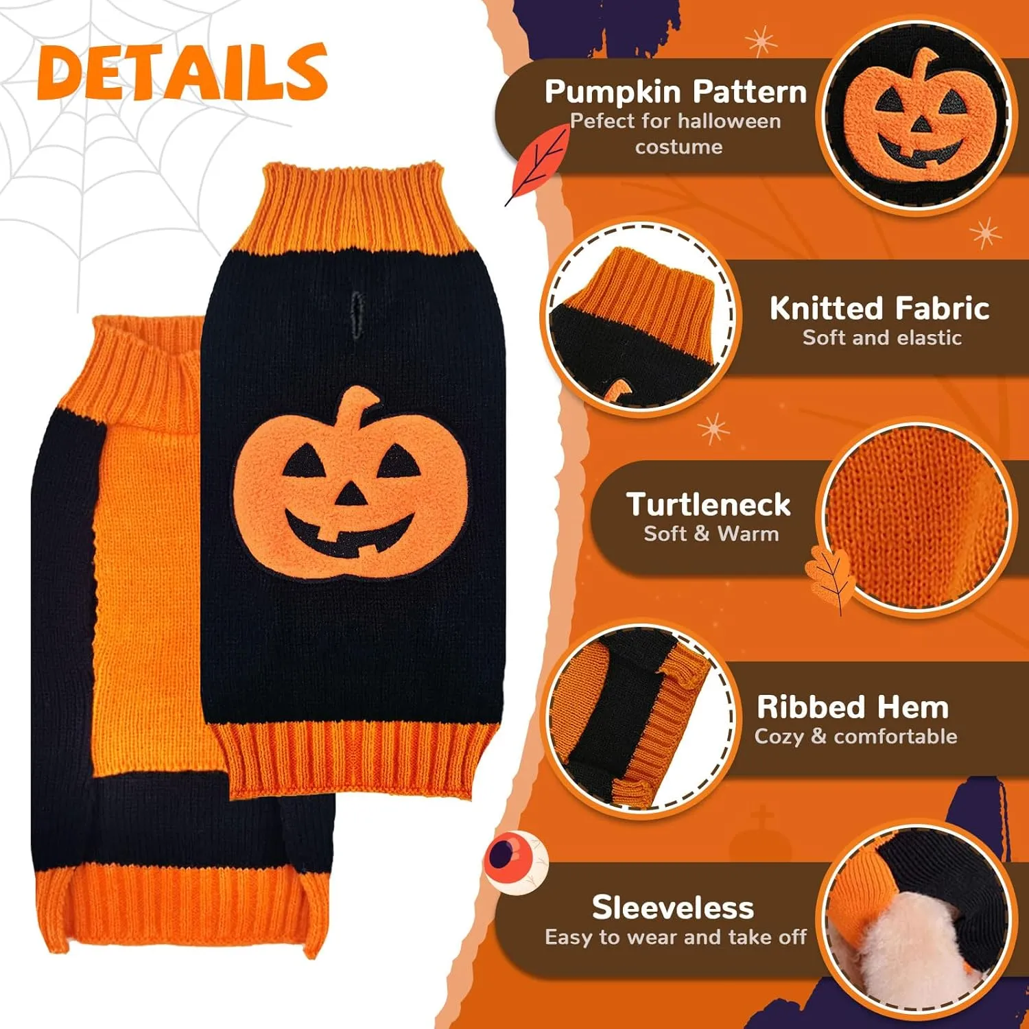Dog Halloween Sweater Pumpkin Halloween Dog Cat Costumes with Leash Hole Puppy Turtleneck Knitwear for Small Midum Large Dogs Winter Warm Pet Clothes Funny Holiday Party Outfit (Black,S)