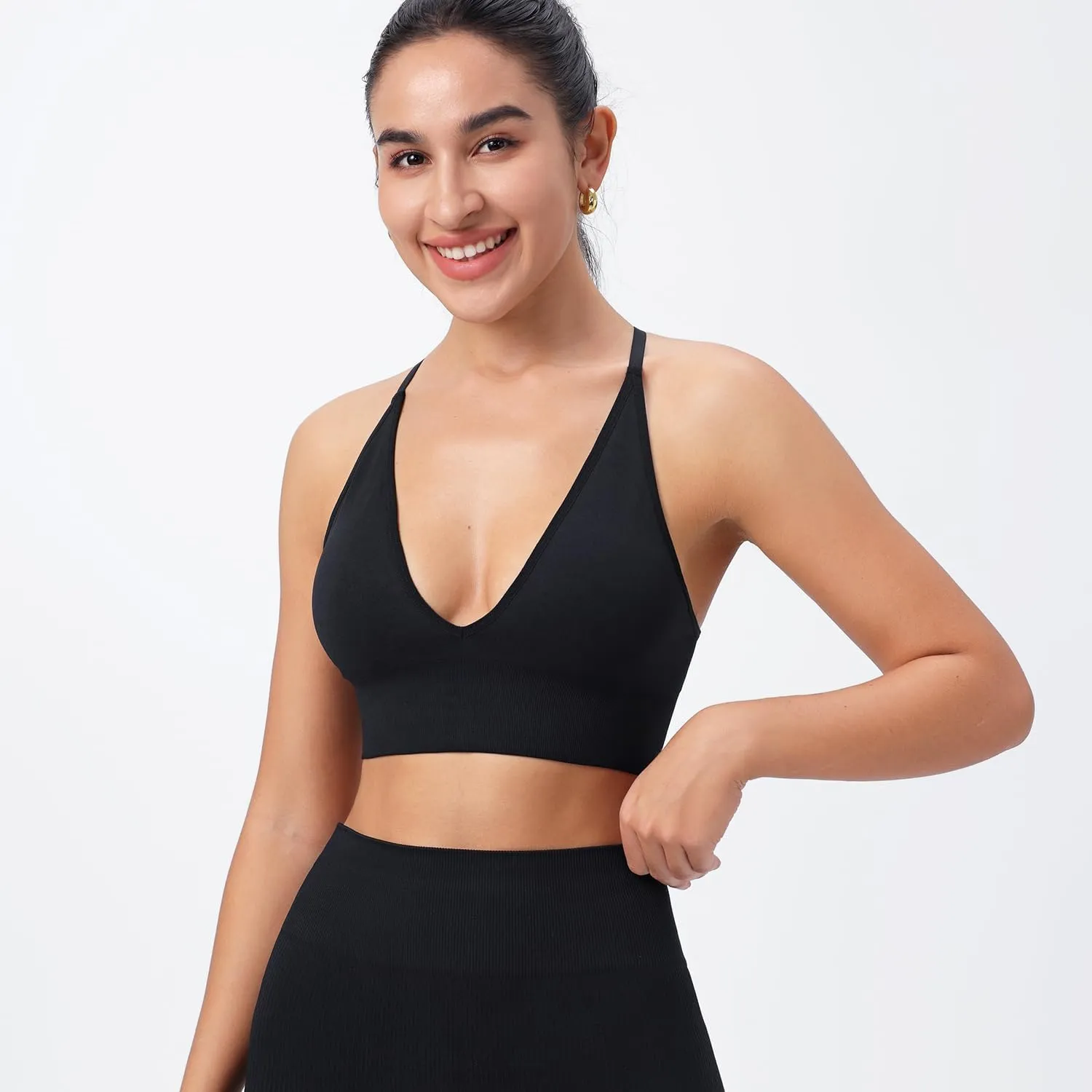 Evercute Women's Sports Bras Adjustable Deep V Neck Bras Wireless Spaghetti Strap Criss Cross Padded Low Support Sexy Bras