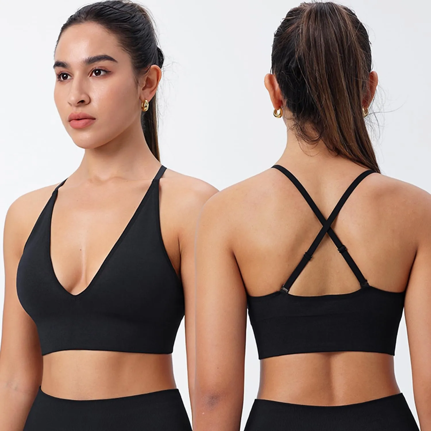 Evercute Women's Sports Bras Adjustable Deep V Neck Bras Wireless Spaghetti Strap Criss Cross Padded Low Support Sexy Bras