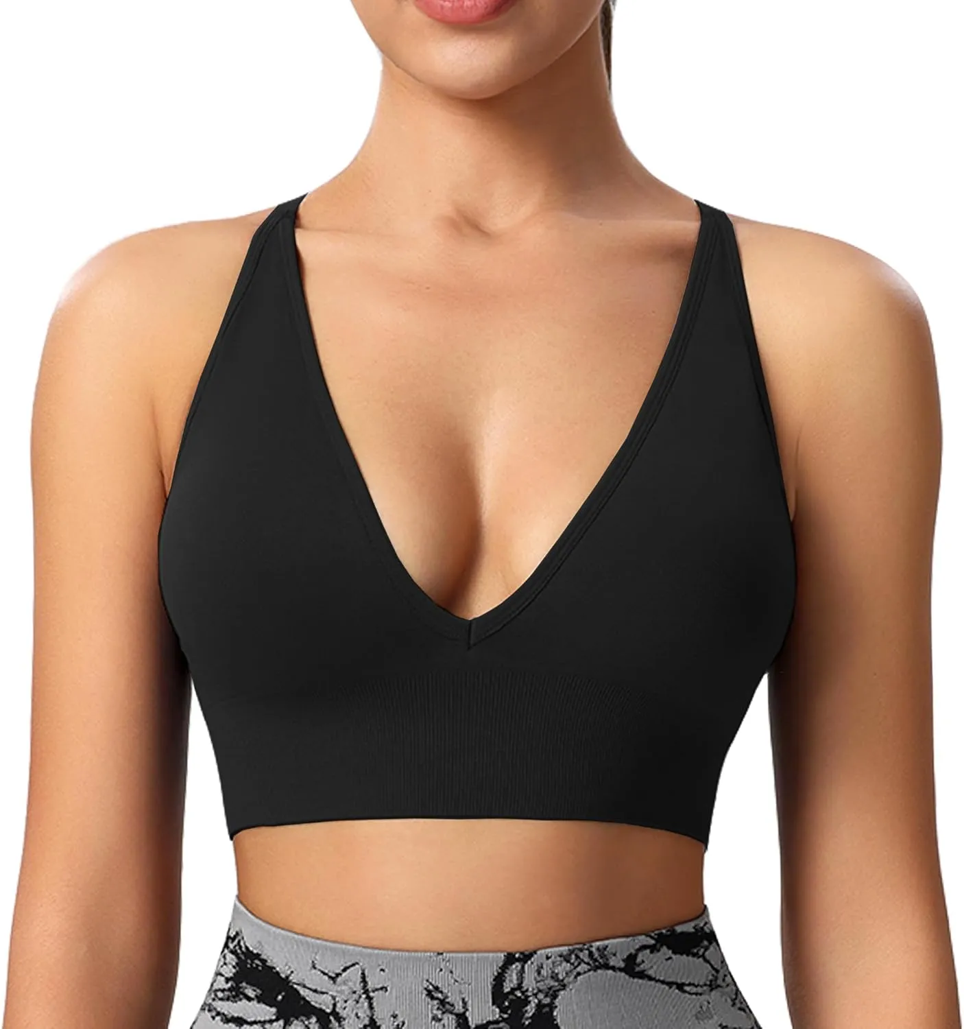 Evercute Women's Sports Bras Adjustable Deep V Neck Bras Wireless Spaghetti Strap Criss Cross Padded Low Support Sexy Bras