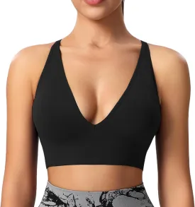 Evercute Women's Sports Bras Adjustable Deep V Neck Bras Wireless Spaghetti Strap Criss Cross Padded Low Support Sexy Bras