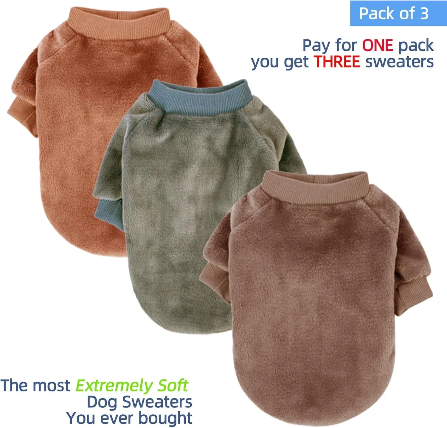 FabriCastle Dog Sweater, 3-Pack Dog & Cat Clothes, Soft and Warm Pet Jackets XXS for Small Dogs Boy & Cats, Winter Pet Apparel Costumes, Puppy Outfits (Camel,Khaki,Olive, XX-Small)