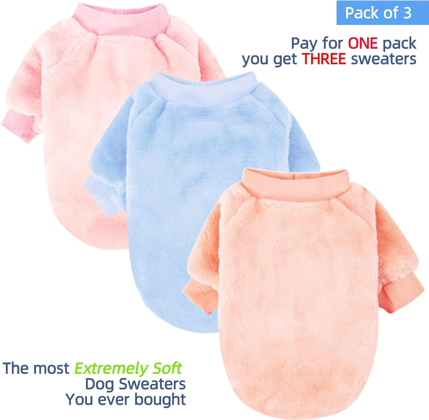 FabriCastle Dog Sweaters, 3-Pack Dog Clothes for Small Dogs Girl & Cats, Soft and Warm Pet Coats XXS - XXL, Winter Pet Jackets, Doggy Apparel Costumes Outfits (Ballet Pink,SkyBlue,Peach, XX-Small)