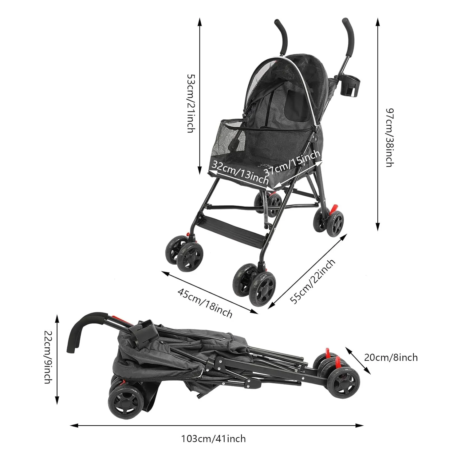 Foldable Pet Stroller for Medium/Small Dogs Cats, Portable Compact Pet Stroller with Breathable Mesh and Handlebars Pet Travel Stroller with 4 Wheels Load Up to 22lbs Black