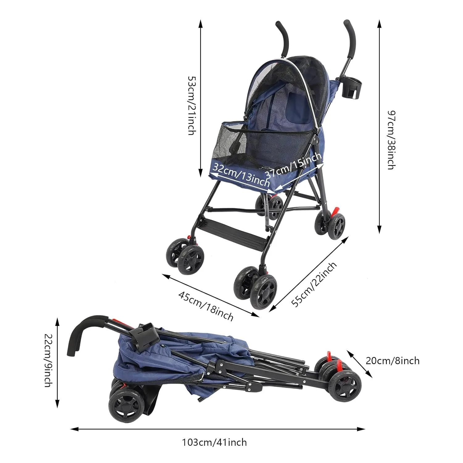 Foldable Pet Stroller for Medium/Small Dogs Cats, Portable Compact Pet Stroller with Breathable Mesh and Handlebars Pet Travel Stroller with 4 Wheels Load Up to 22lbs Blue