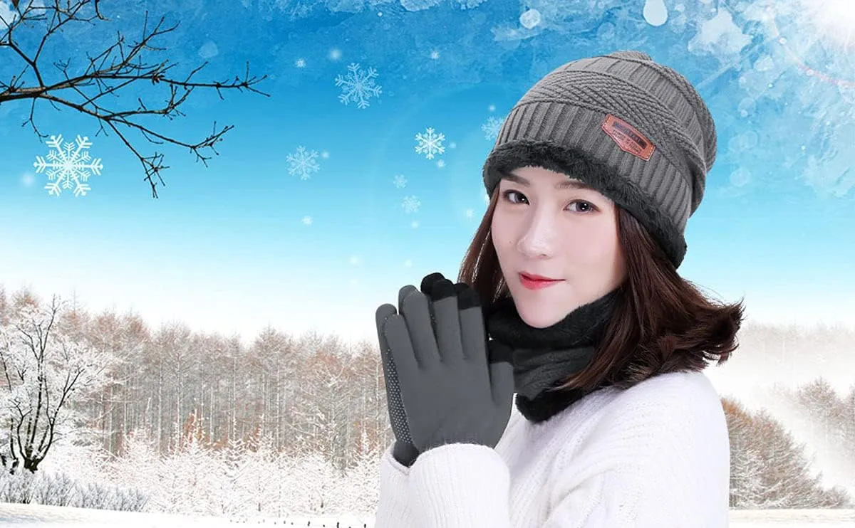HINDAWI Winter Hat Scarf Gloves Slouchy Beanie Snow Knit Skull Cap Touch Screen Mittens Circle Scarves for Women Men