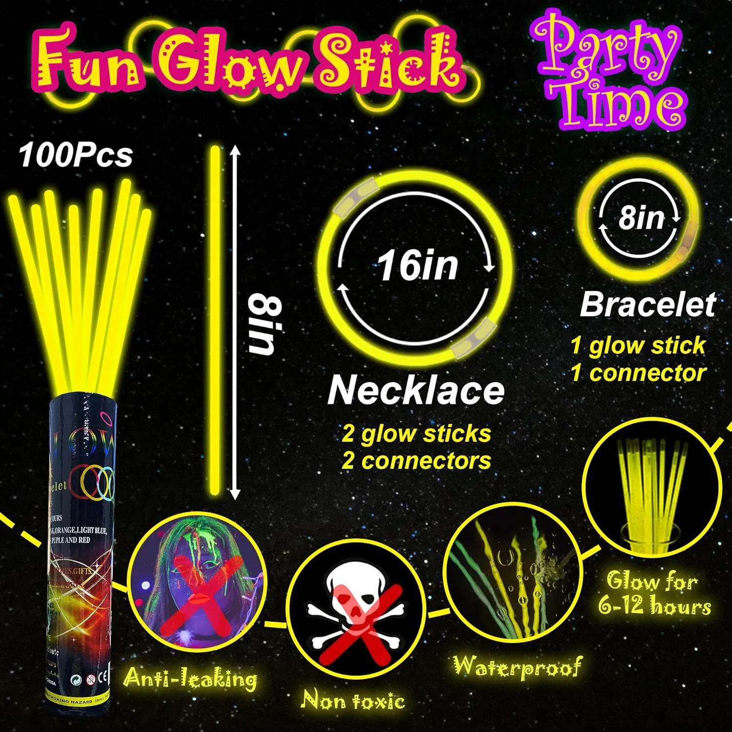 ILHSTY 100 pk Glow Sticks Bulk Party Favors and Decorations - 8" Glow in the Dark Party Supplies For Halloween Neon Party Light up Glow sticks Necklaces & Bracelets (Yellow*100)