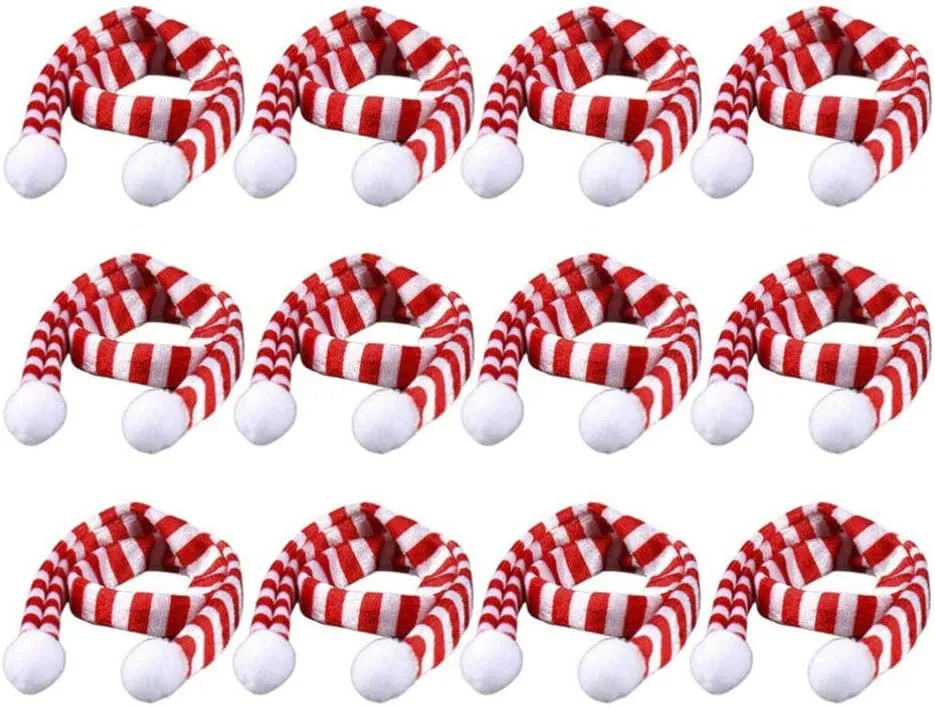JANOU 12pcs Mini Christmas Scarf Red White Stripe Knitted Scarves Small DIY Doll Clothes for Little Pet Dog Cat and Wine Bottle Christmas Decoration