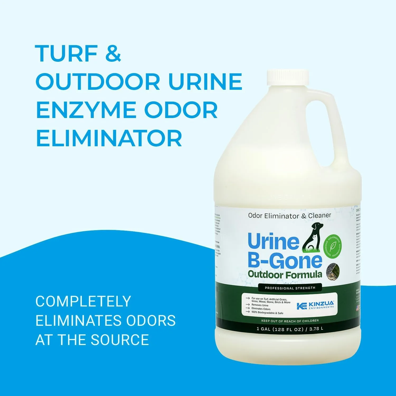 KINZUA ENVIRONMENTAL Urine B-Gone-OD Professional Pet Urine Enzyme Cleaner, Pet Yard Odor Eliminator for Artificial Grass, Concrete & More, 1 Gallon